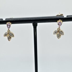 Vtg Amethyst CZ Earrings 925 Sterling Silver Gold Overlay 3 Leaves FREE $HIPPING